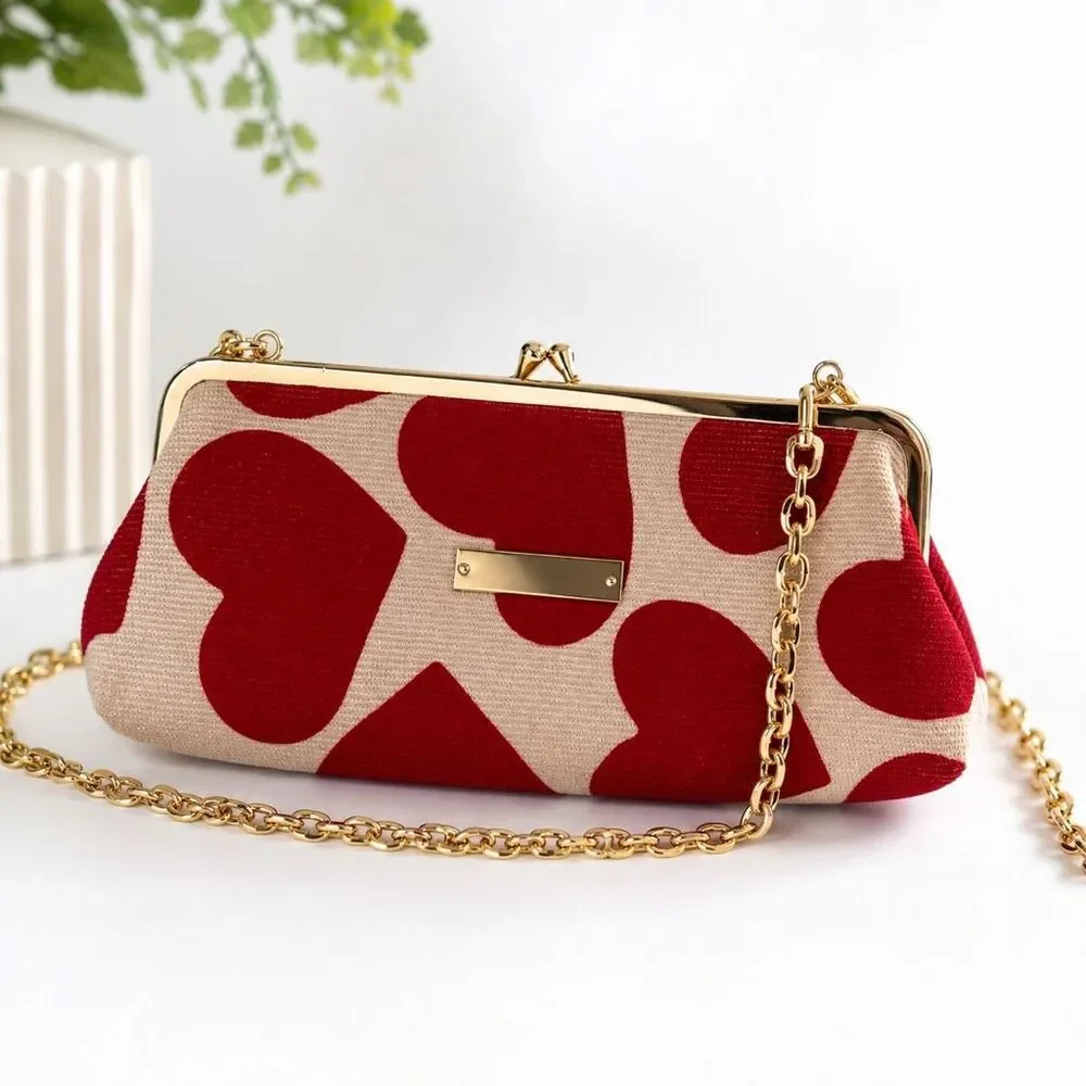 Heart Print Kiss Lock Clutch Crossbody Bag Red Cream Gold Chain Canvas Romantic